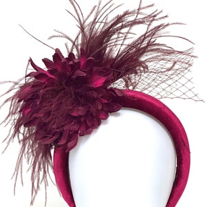 Burgundy Velvet Fascinator Headband: Feather Flower, Wedding Derby Hat