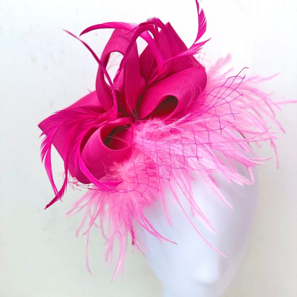 Pink Bright Pink Fascinator Hat Headband, Kentucky Derby Hat Fascinator, Pink Ostrich Feather Hat Fascinator, Wedding Fascinator Headpiece