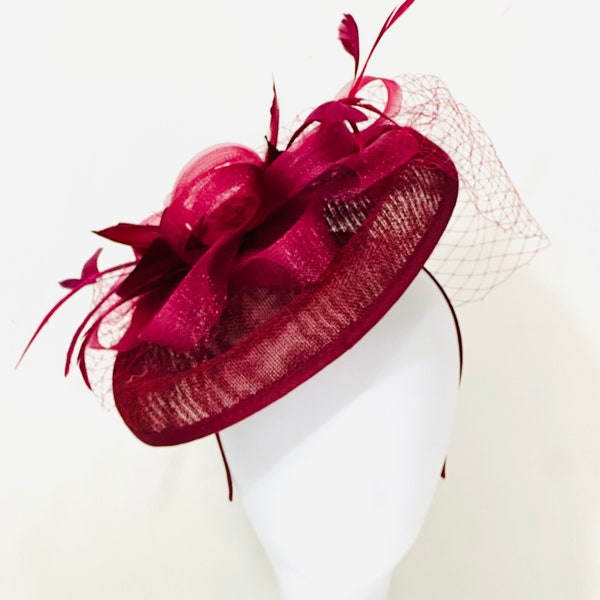 Burgundy Fascinator Hat, Deep Red Wine fascinator Hat Headband, Wedding fascinate hat, Mother of the bride Veil Hat Fascinate, Deep Red Hat
