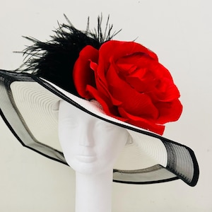 Black White Red Derby Hat, Black Feather Hat, Red Black White Big Derby Hat, Church Wedding Hat, Red Rose Derby Hat, Orange Pink