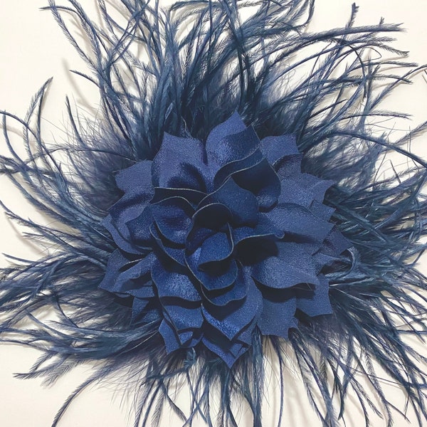 Navy Blue Feather Flower Fascinator Clip, Navy Blue Feather Wedding headpiece,Black, Blush, Dusty Rose, Coral, Blush, Burgundy  Hairpieces