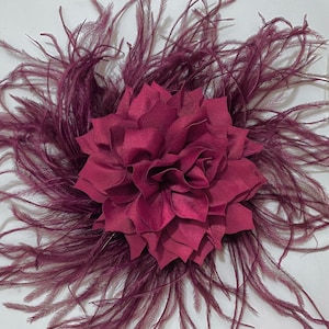 Burgundy Wine Fascinator Hat Clip: Feather Flower Wedding Headpiece