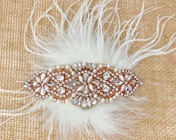 Rose Gold Hairpiece, Vintage Wedding Crystal Hairpiece, Bridal Pearl Feather Headpiece, Rose Gold, Gold Deco Feather Hairpiece, 1920's Clip
