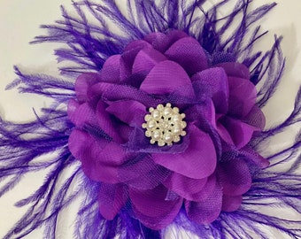 Purple Plum Magenta Fascinator, Kentucky Derby Hat, Wedding Bridal Hair Flowers Clips, Purple Chiffon Mesh Flower Feather Hair Clip