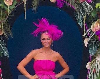 Bow Fascinator Hat, Magenta Pink Feather Bow Fascinator,Pink Green Kentucky Derby Hat Fascinator, Green, Hot Pink, White Bow Fascinator
