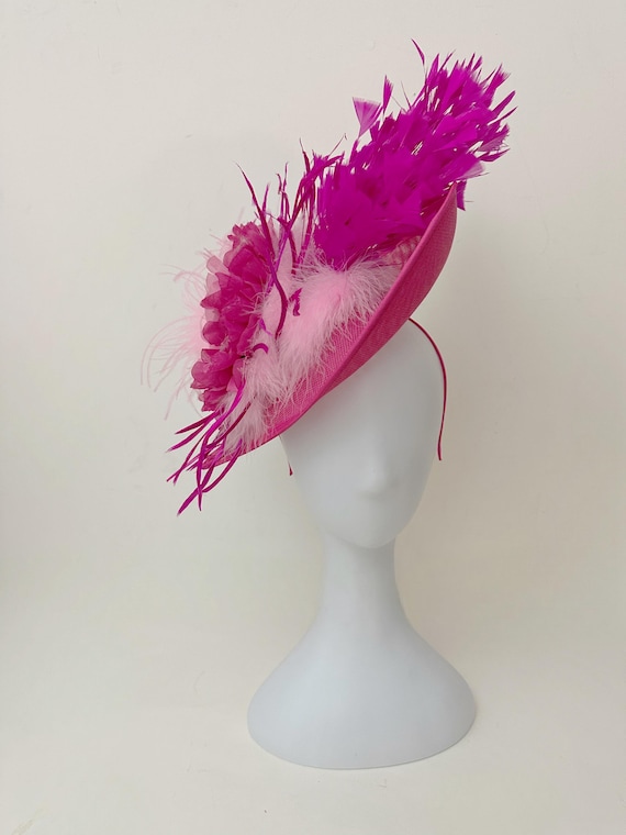 Pink Hot Pink Fascinator Hat,Pink Feather Fascinator Hat, Wedding Fascinate Hat, Church Derby  Hat, Garden Tea Party Hat Fascinator