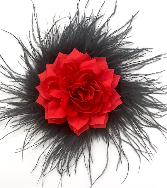 Red Black Feather Fascinator Hat Clip, Black Red Fascinator Hat Clip, Wedding Fascinator Clip, Dance Costume Hairpiece, Red Flower Feather