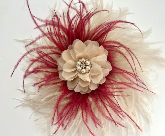 Red Wine Beige Feather Fascinator, Christmas Fascinator, Bridal Flowers Hairpiece, Wedding headpiece, Mother of the Bride, Derby Fascinate