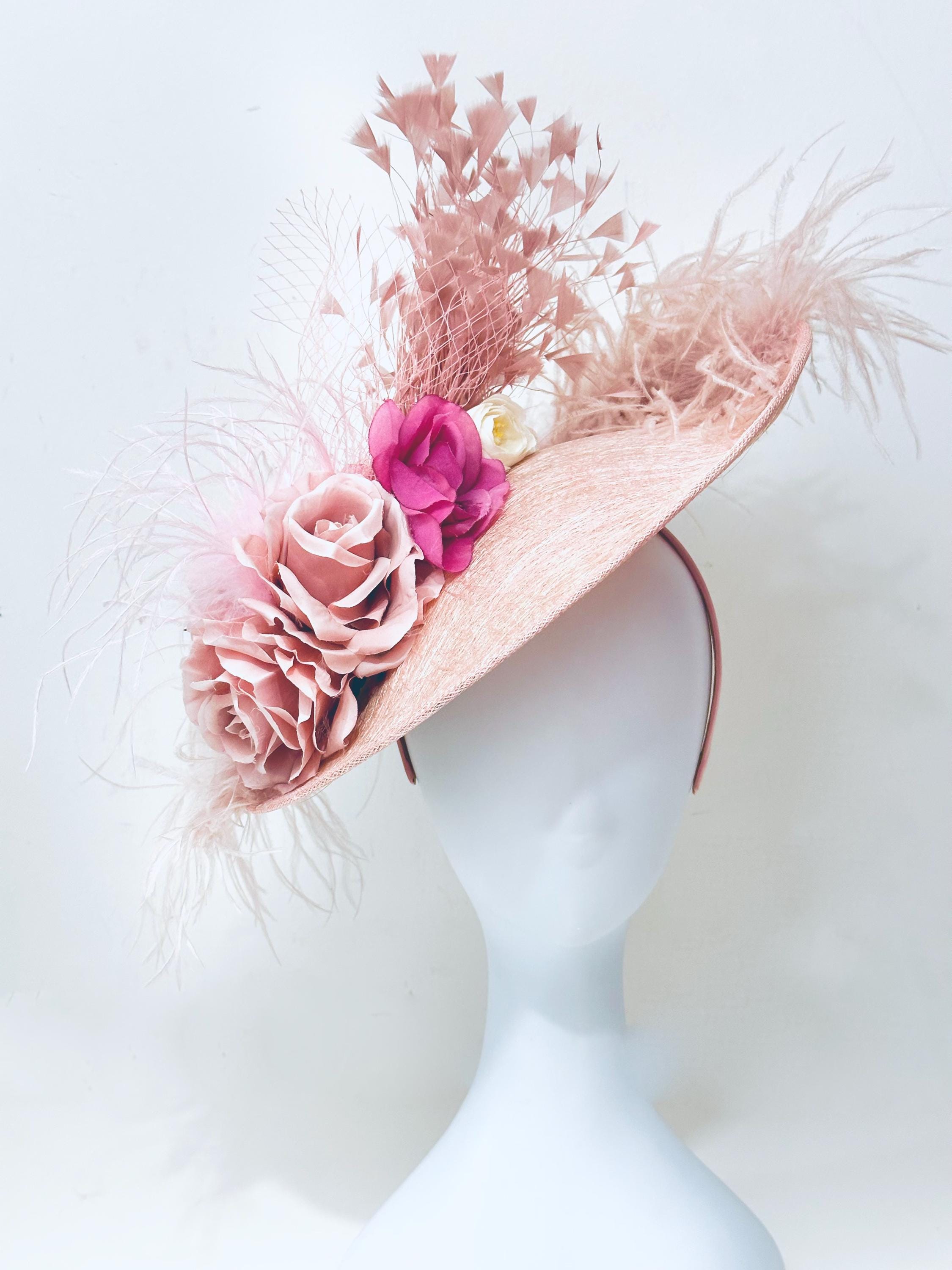 Blush Pink Beige Big Kentucky Derby Hat Fascinator Dusty Rose Feather Wedding Fascinate Hat Church Derby Hat Tea Party Hat High Tea Hat