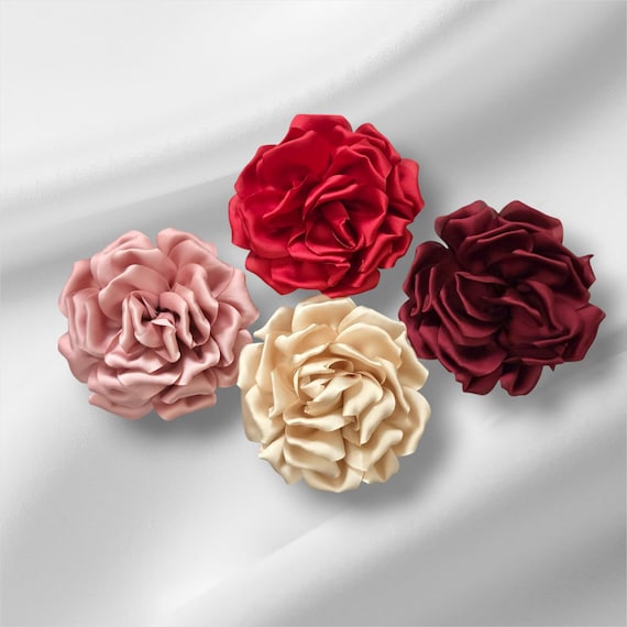 Flower Pin, Red Wine Flower Brooch Pin, Statement Boutonniere, Flower Corsage Pin, Ivory, Pink Flower Pin, Red Satin Christmas Brooch Clip