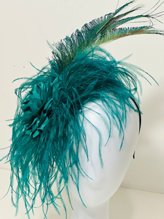 Peacock Green Fascinator Hat Derby Fascinator Hat, Headband Peacock Spheres Green Headband Fascinator Hat, Teal Feather Hat