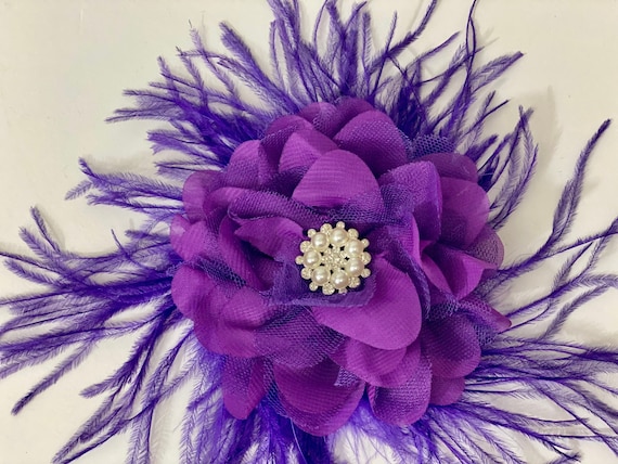 Purple Plum Magenta Fascinator, Kentucky Derby Hat, Wedding Bridal Hair Flowers Clips, Purple Chiffon Mesh Flower Feather Hair Clip