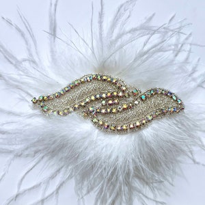 Crystal Pearl Appliqué Feather Clip, Dance Costume 1920's Gatsby Hairpiece, Wedding Headpiece, Iridescent AB, crystal appliqué Bridal Clip