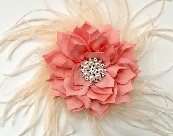 Coral Fascinator, Kentucky Derby Feather Fascinator Hat, Deep Coral, Blush Feather Hairpiece, Wedding Bridal Headpiece, Mother of the Bride,