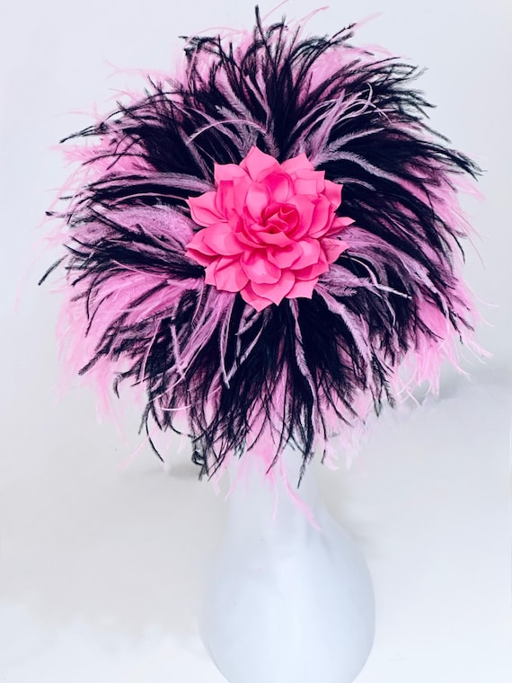 Pink Black Fascinator Hat, Pink Black Feather Derby Hat Headband, Church Wedding Feather Hat Fascinator, Ostrich Feather Bespoke Headband