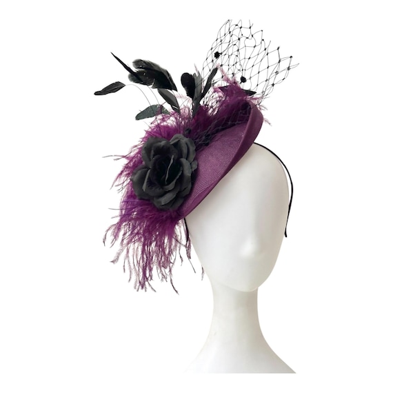Black Plum Purple Fascinator Hat, Plum Feather Veil Fascinator Hat, Church Wedding Fascinator, Mother of the Bride Garden Tea Party Hat,