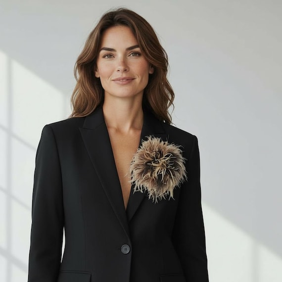 Mocha Brown Beige Feather Brooch Pin, Ostrich Feather blend Mocha Brown Black Beige 10ply Ostrich Feather, Oversized Custom Feather Brooch