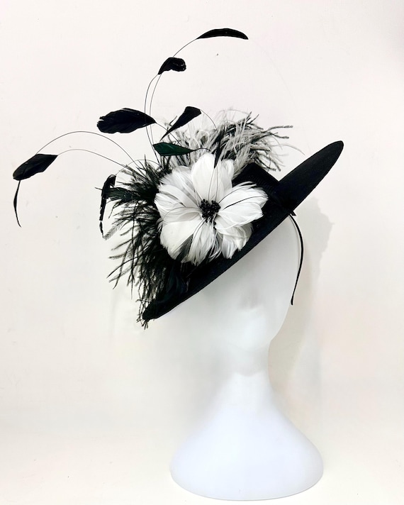 Black and White Feather Hat, Black Feather Fascinator Hat, Kentucky Derby Fascinator Hat, Church Wedding Fascinator Hat