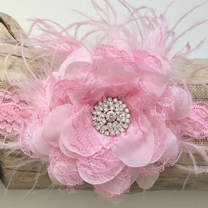 Newborn Baby Girl Lace Pearl Flower Headband Ostrich Feather Hairband Headwear