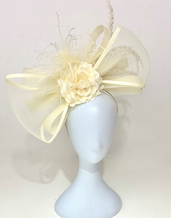 Bow Fascinator Headband, Ivory Creme Bow Fascinator Hat, Church Wedding Feather Fascinator, High Tea Garden Party Derby Hat