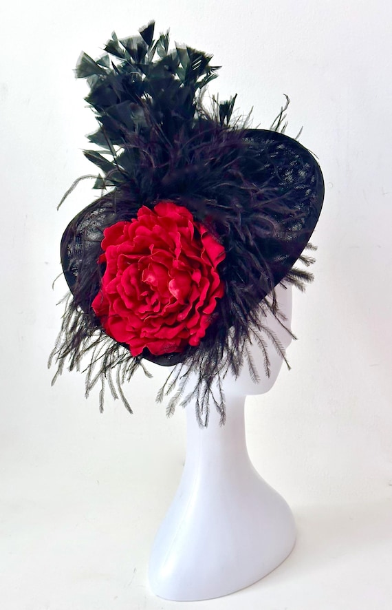 Black Red Fascinator Hat, Kentucky Derby Fascinator Hat, Red Black Feather Hat Church Wedding Fascinate ,Derby Fascinator for Women, Custom