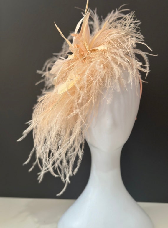 Champagne Blush Peach Fascinator Hat Headband, Church Wedding Derby Fascinator Hat, High Tea Garden Party Custom Feather Fascinator Hat