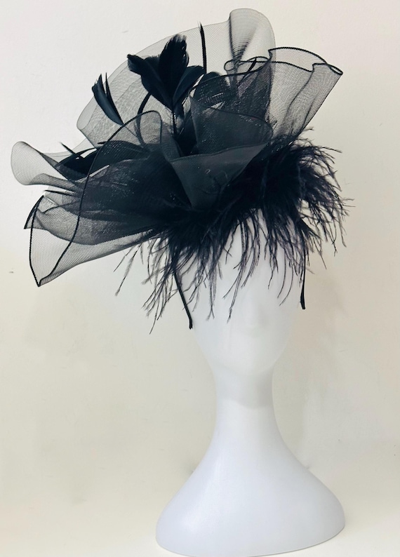 Black Feather Fascinator Hat, Big Derby Hat, Sheer Black Ostrich Feather Church Wedding Fascinate Hat, Black Feather Fascinator Hat