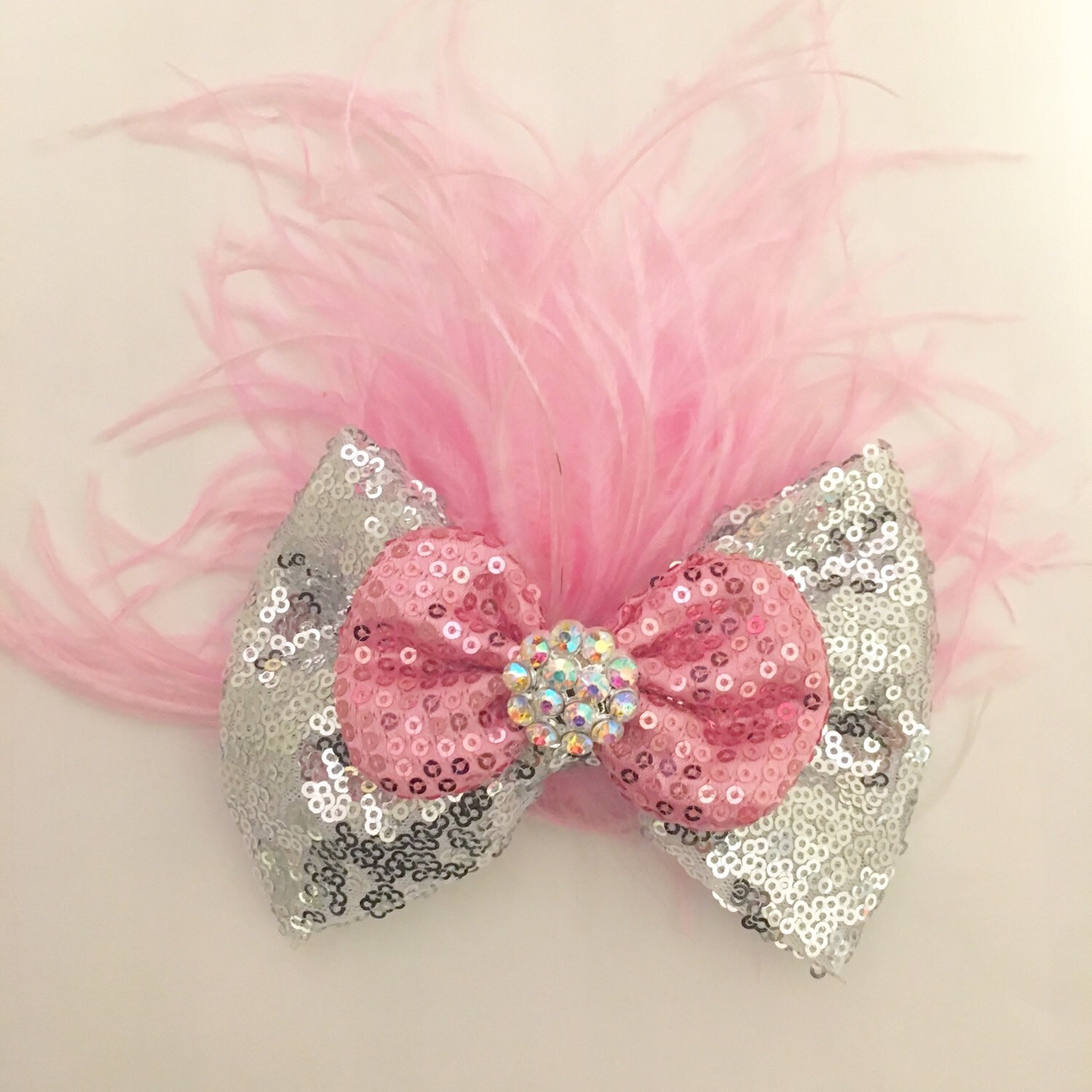 Hand made Pink //silver hair bow//clip bow