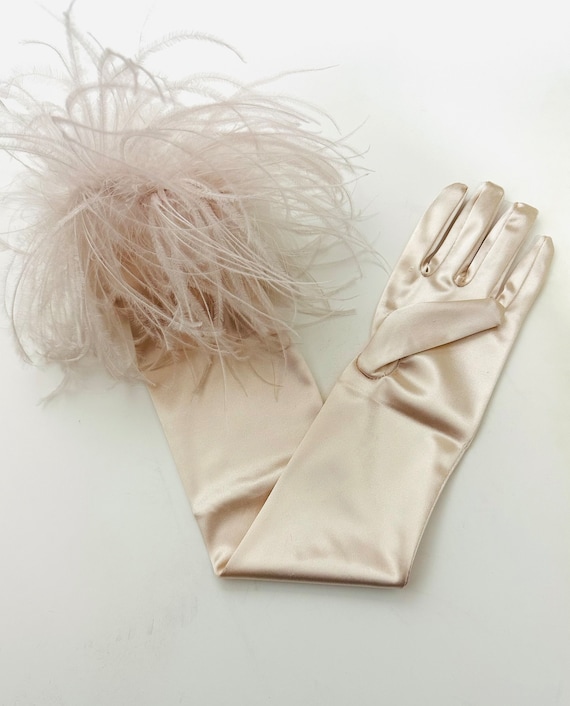 Champagne Opéra Gloves with Ostrich Feather Elbow Cuffs, Wedding Gloves, Champagne Beige Feather Gloves, Elbow Feather Cuffs, Satin Gloves