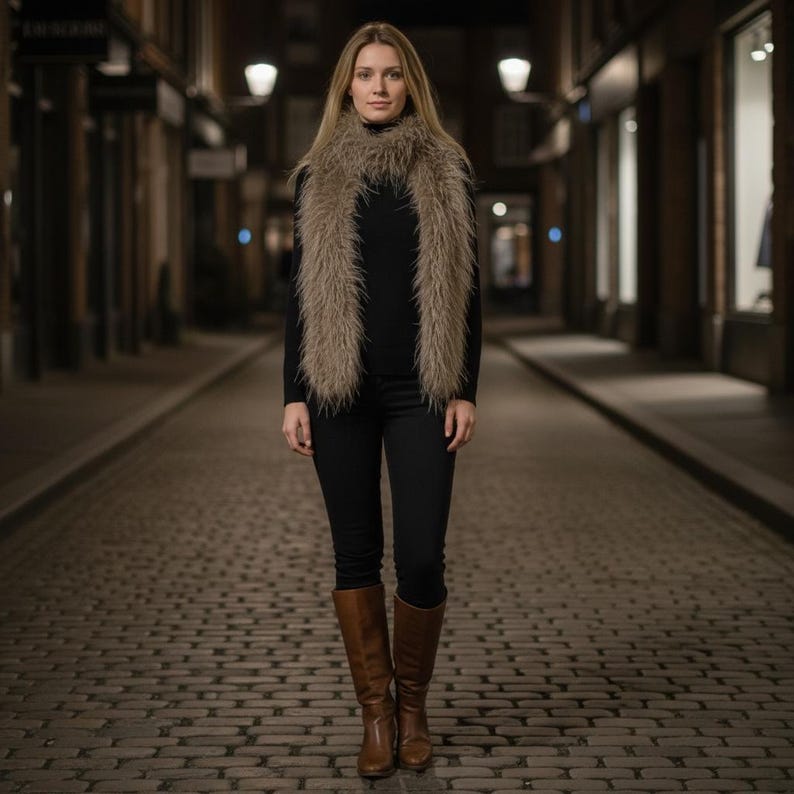 May include: A woman wearing a faux fur scarf, black turtleneck, black pants, and brown leather boots. The scarf is a light brown color and has a long, fluffy texture. The boots are knee-high.