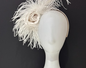 Diner en Blanc Flower Crown Fascinator Hat, White Feather Wedding Fascinator, Bespoke Headband, Church Wedding Fascinate Hat, Tea Party Hat