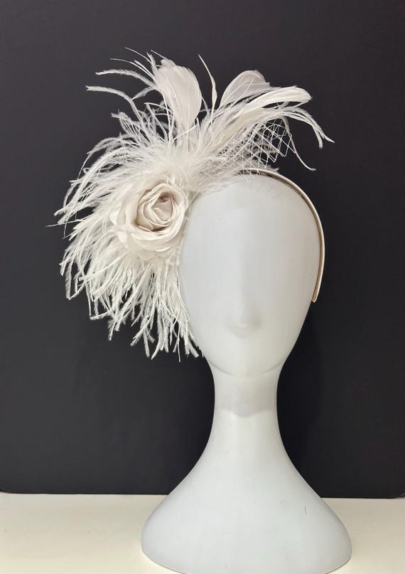 Diner en Blanc Flower Crown Fascinator Hat, White Wedding  Fascinator Headband, White Feather Headband, White Church Wedding Fascinate Hat