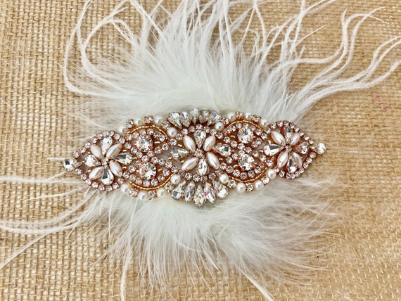 Feather Crystal Bridal Headpiece, Rose Gold Appliqué, Gold Art Deco Feather Hairpiece, 1920's Gatsby Clip, Wedding Headpiece, Vintage Style