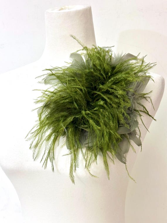 Large Feather Pin, Mocha Mousse Brown, Dark Teal, Army Green Oversized Ostrich Feather and Turkey Feather Brooch Pin, Feather Corsage Pin