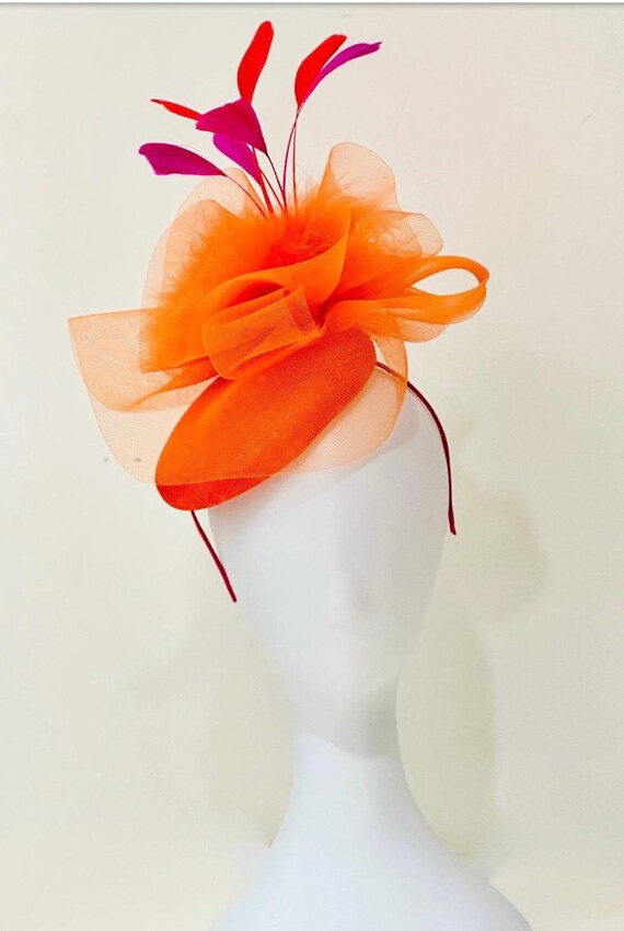 Pink Orange Fascinator Hat, Kentucky Derby Fascinator Hat, Orange Pink Feather Fascinator Hat, Church Wedding Garden Tea Party Derby Hat