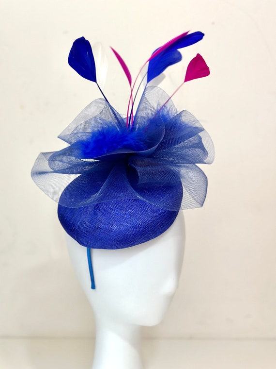 Pink Navy Royal Blue White Kentucky Derby Hat Fascinator Headband, Fuchsia Pink Navy White  Derby Hat, Wedding Hat, Garden Party Church Hat