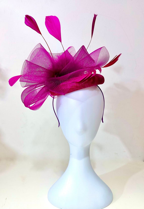 Kentucky Derby Hat Fascinator Headband, Viva Magenta Deep Fuchsia Pink Feather Fascinator Headband Hat, Easter Hat Church Hat, Wedding Hat