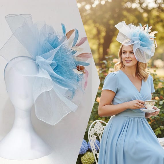 Light Blue Derby Fascinator Hat, Big Kentucky Derby Hat, Blue Pink White Beige Fascinator Hat,Dusty Blue Church Wedding Fascinator Hat,
