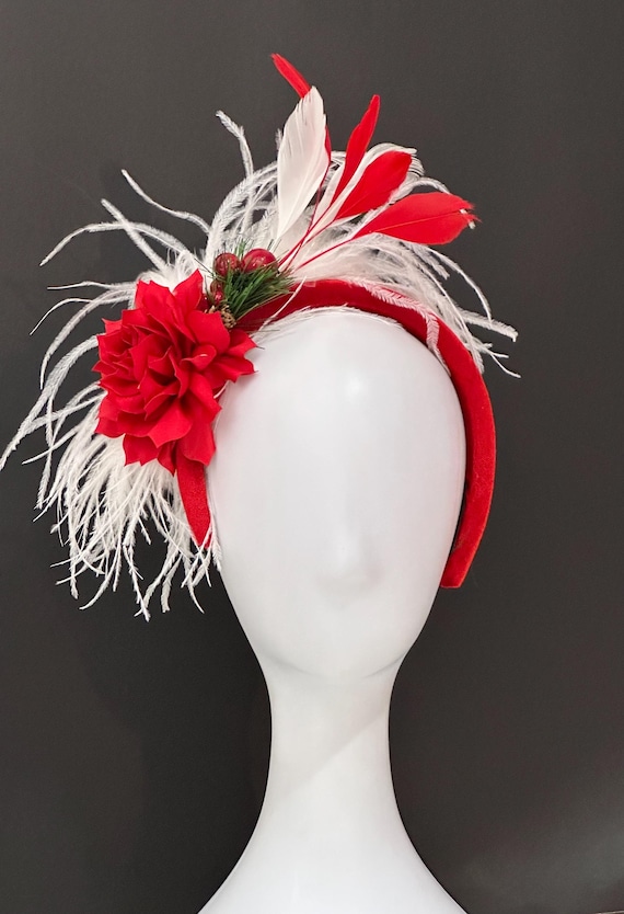 Christmas Fascinator, Red White Feather Christmas Fascinator, Holiday Holly Red White Flower Velvet Headband, Dark Green Feather Fascinator