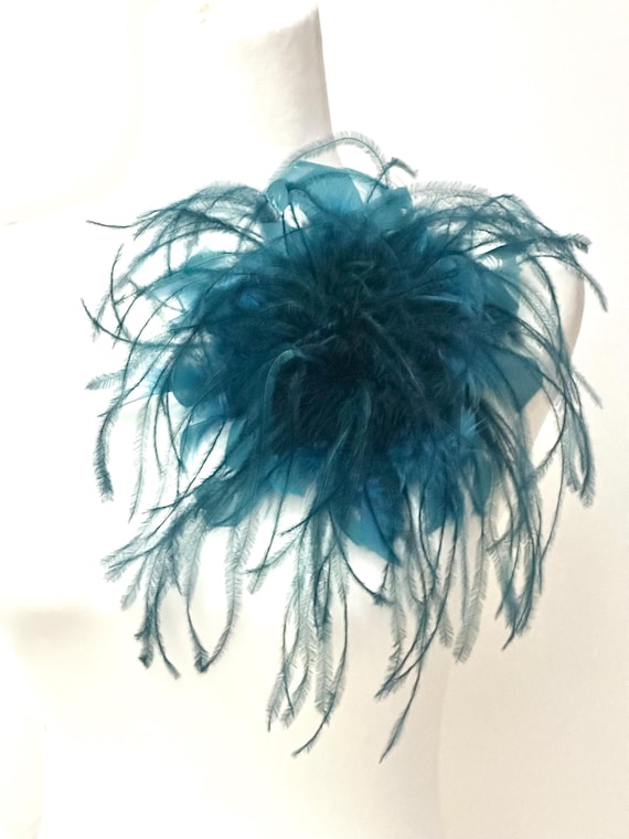 Feather Pin, Dark Teal, Mocha Brown, Olive Green Feather Brooch, Oversized Ostrich Feather Turkey Feather Corsage Pin, Boutonniere  Pin