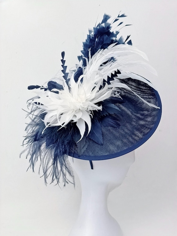 Navy and White  Fascinator Hat, Navy White Feather Fascinator Hat,Kentucky Derby Hat for Women, Church Wedding Hat Mother of the Bride Hat