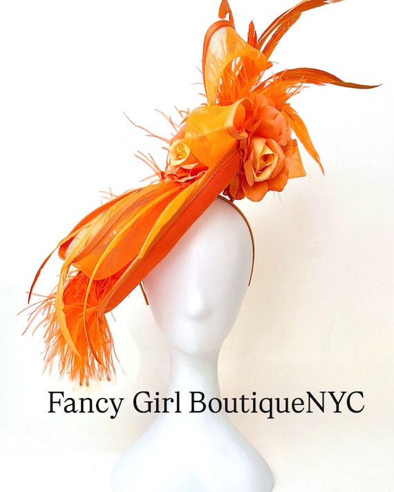 Orange Fascinator Hat, Orange Feather Hat, Derby Fascinator Hat for Women, Church Wedding Fascinator, Garden Party Fascinator, Summer Derby