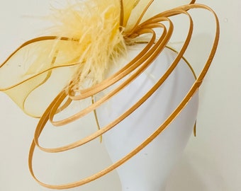 Bow Fascinator Headband, Kentucky Derby Fascinator Hat, Golden Yellow, Bronze, Black, Feather Bow Fascinator Headband, Modern Bow Spiral Hat