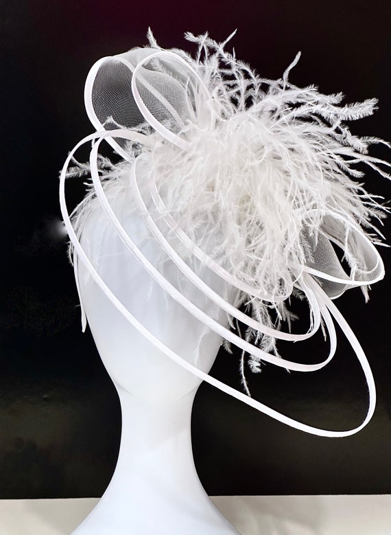Bow Fascinator Hat, White Feather Bow Fascinator Hat, Dusty Rose, Black Golden Yellow Feather Bow Fascinator Hat, Spiral Modern Derby Hat