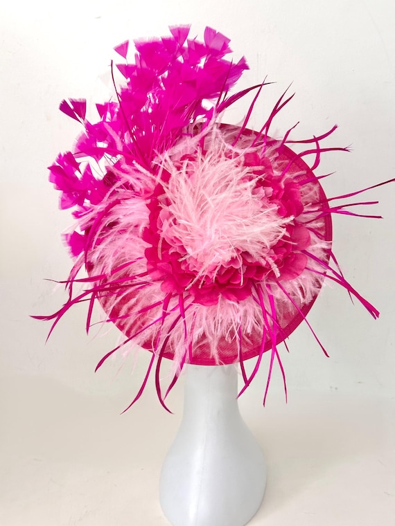 Hot Pink Feather Flower Derby Fascinator Hat, Kentucky Tea Party Headband