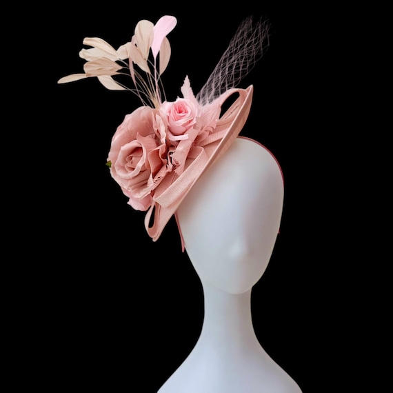 Pink Dusty Rose Veil Fascinator Hat, Mini Kentucky Derby Fascinator Hat, Church Wedding Fascinator Hat, Garden Tea Party Hat,