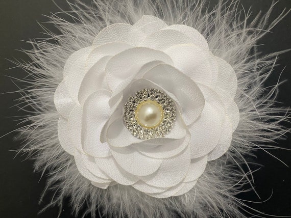 Best Seller- White Chiffon Flower Hair Clip, Vintage Inspired Wedding Crystal Pearl Navy, Beige, Pink Chiffon Flower Girl Hair Clips