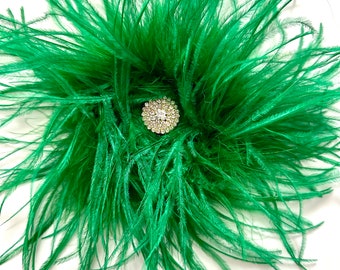 Green Feather Brooch Pin, Feather Crystal Brooch Pin, Feather Hair Clip, All colors,Dark Green, Army Green, Emerald Pink,Black,White, Beige