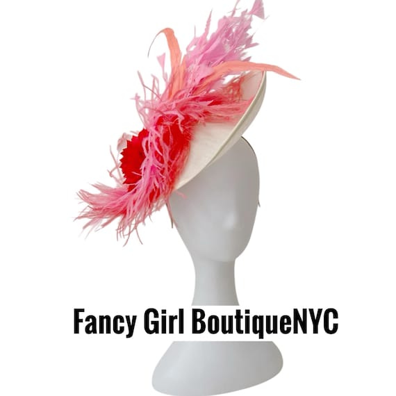Pink Coral Beige Kentucky Derby Fascinator Hat, Feather Fascinator Hat: Wedding, Church, Mother of the Bride