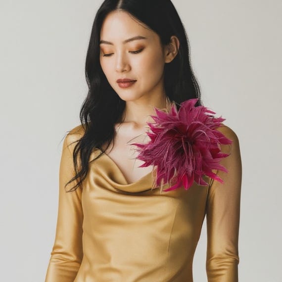 Burgundy Oversized Feather Brooch Pin,Ostrich Feather Turkey Feather Pin, Dark Green,Beige , Royal Blue, Red, Dusty Rose Feather Brooch  Pin